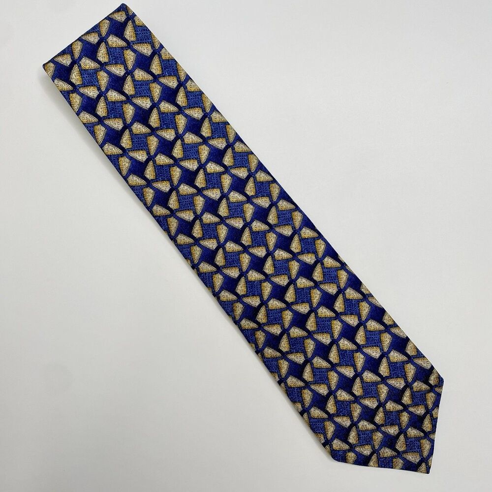 Ermenegildo Zegna Navy Blue & Yellow Geometric Print Silk Neck Tie